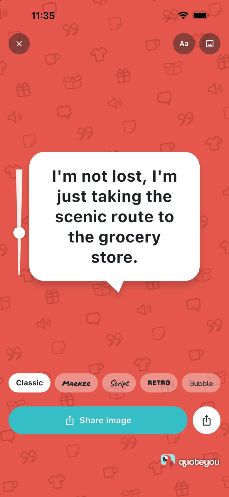 The card editor: a quote in a white speech bubble on a red patterned background, five fonts, Share image