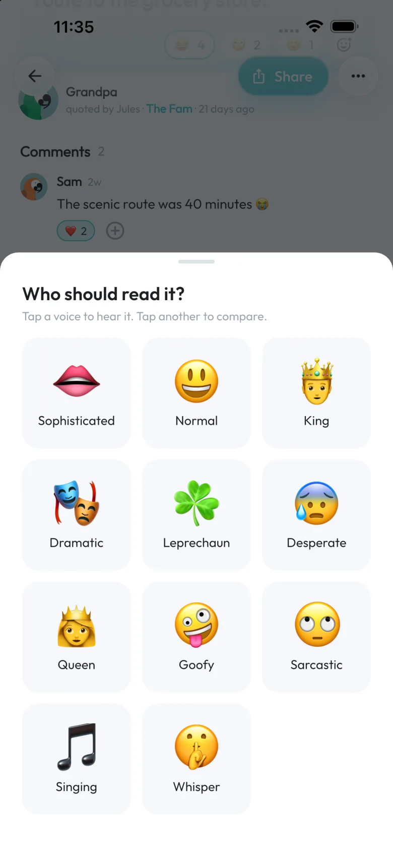 Who should read it? Eleven voices: Sophisticated, Normal, King, Dramatic, Leprechaun, Desperate, Queen, Goofy, Sarcastic, Singing, Whisper